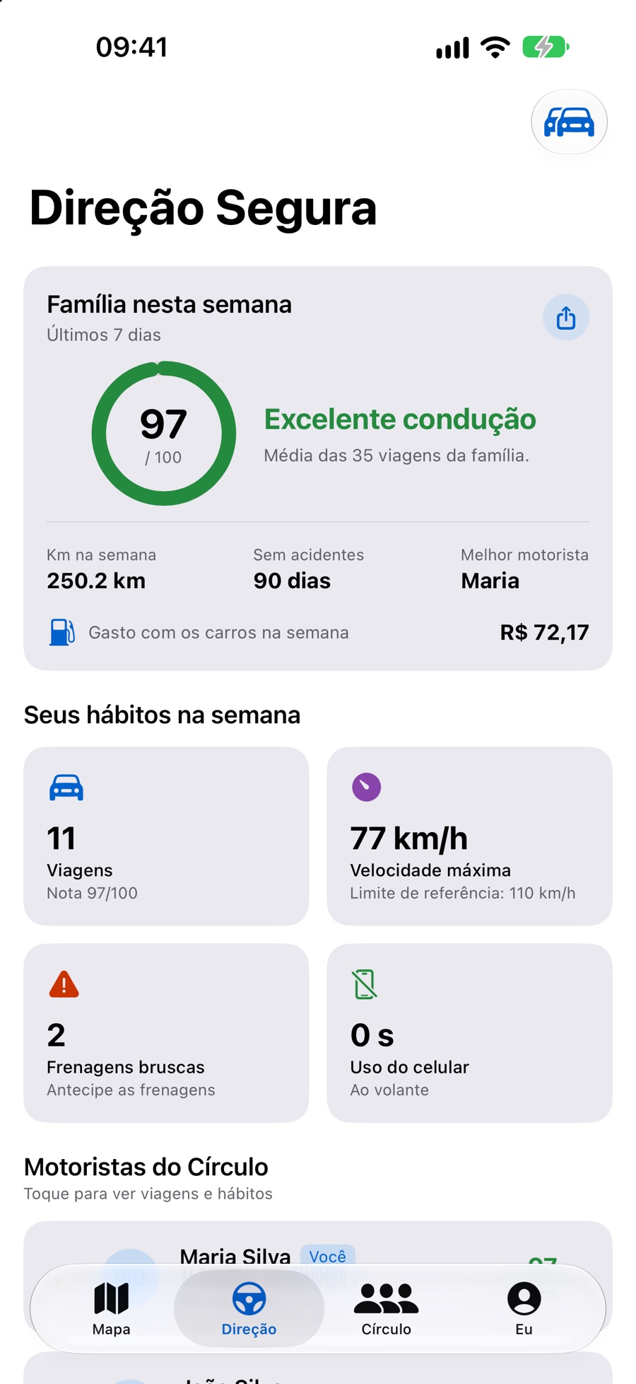 Tela Direção Segura com a nota da família
